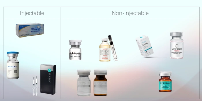 Popular skin boosters in Korea including Rejuran and Exosomes