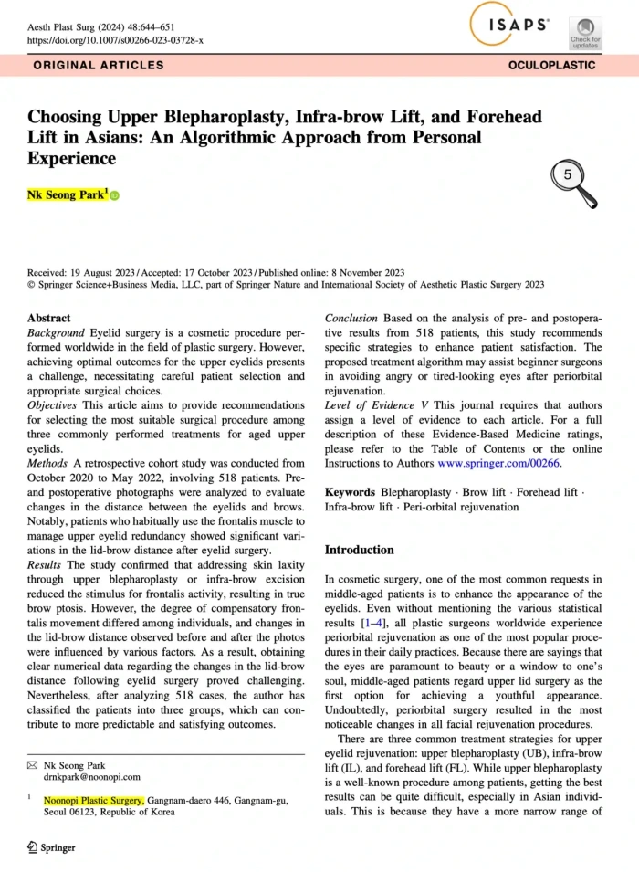 Evidence based article published by Dr Park in Noonopi Plastic Surgery